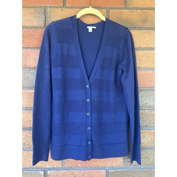Halogen Merino Wool Cardigan Knit‎ Crochet Sweater | Blue | Womens Size Medium - Picture 1 of 14